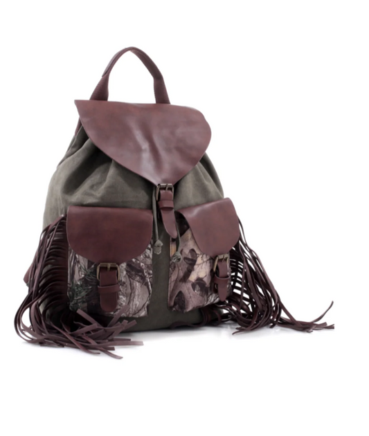 Camo Fringe Canvas & Leather Backpack