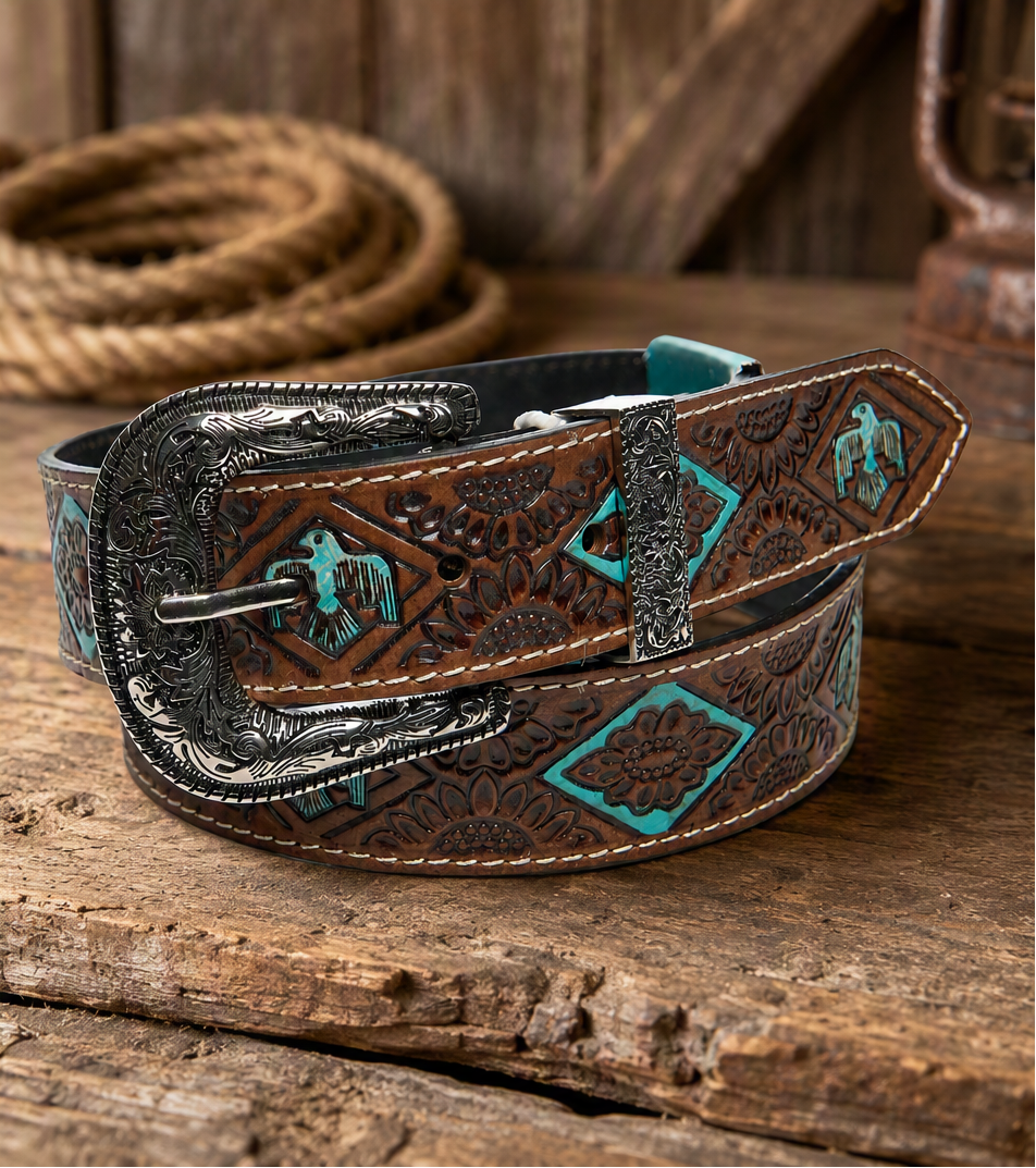 American Bison Western Tooled Leather Belt with Thunderbird Motif