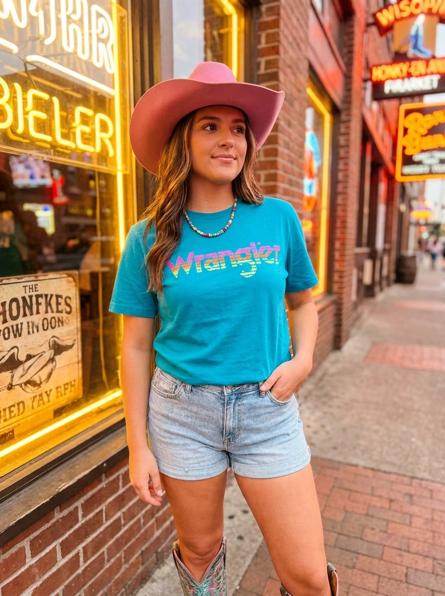 Wrangler Turquoise Tee Nashville Lower Broadway Lifestyle Shot Graphic Tee