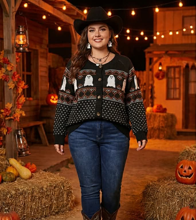 Halloween Ghost Fair Isle Button-Front Cardigan