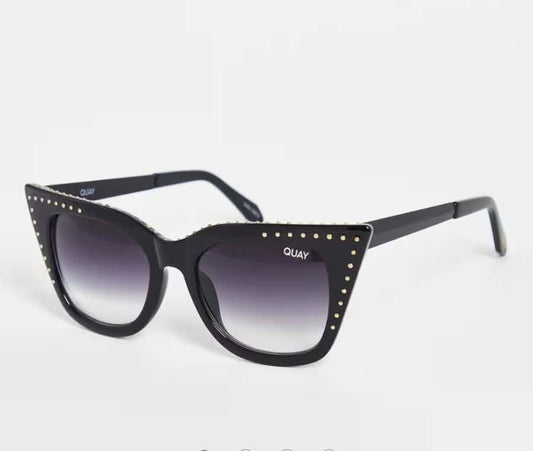 QUAY Harper Studded Shiny Black Cat-Eye Sunglasses