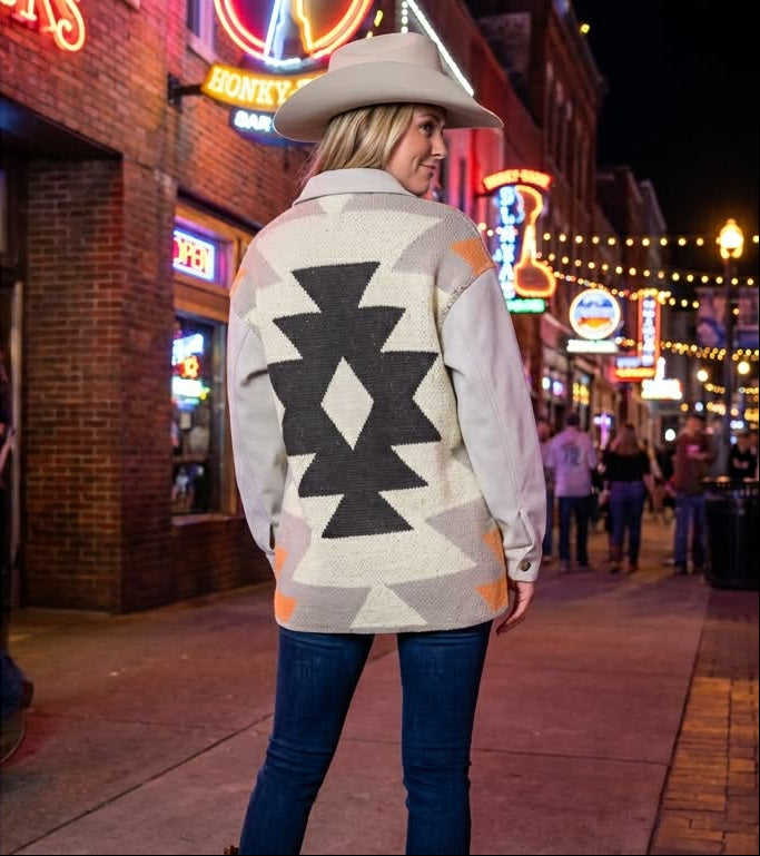 Rock & Roll Denim Grey Aztec Knit Shirt Jacket