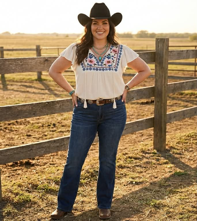Embroidered Tie Front Western Blouse