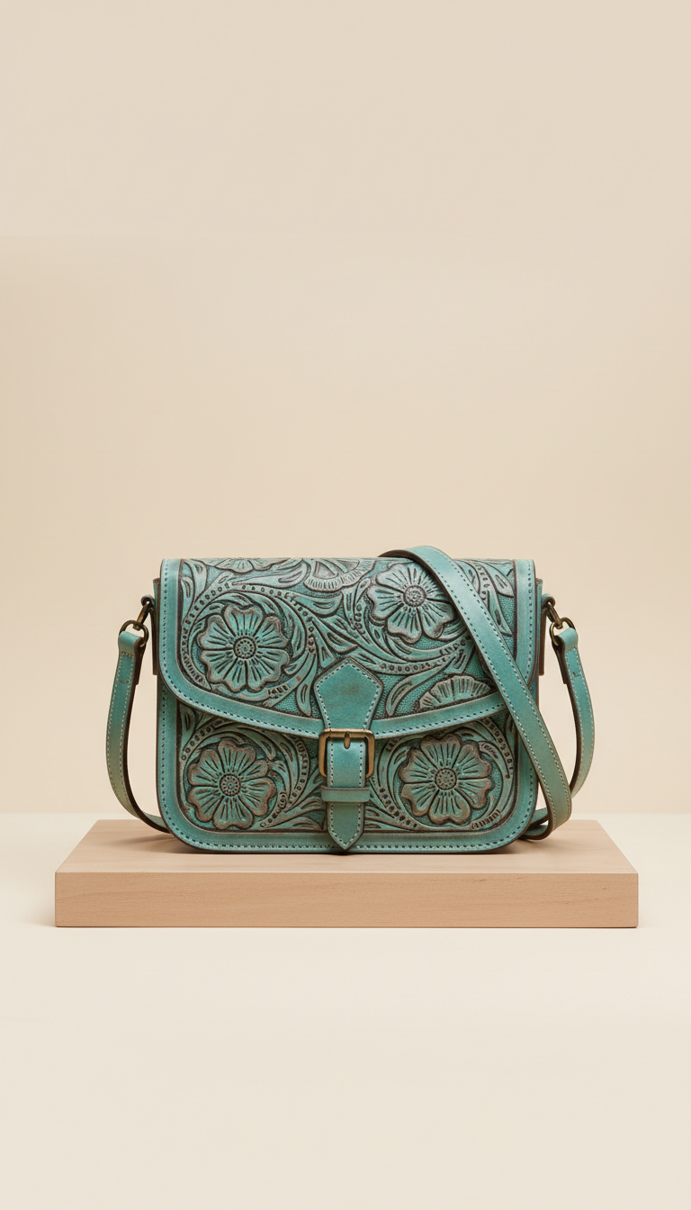 Turquoise tooled leather crossbody bag