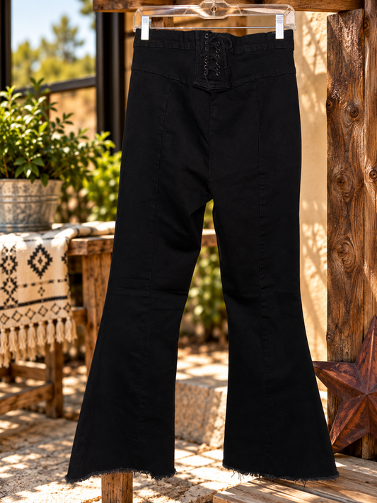 Bareback Lace-Up Back Flare Jeans – Black