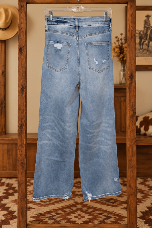 High Rise Distressed Wide Leg Jeans – Light Wash