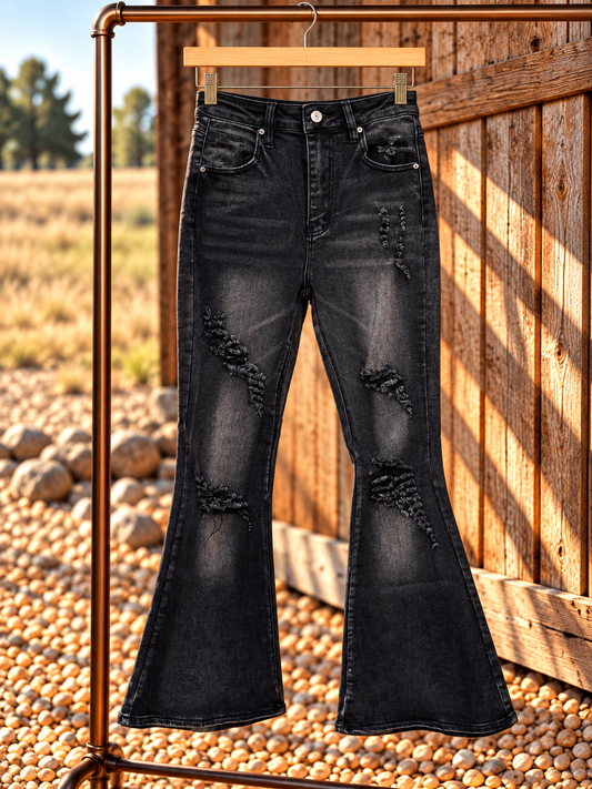 After Dark Distressed Flare Jeans – Acid Black