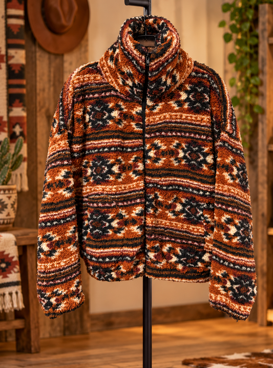 Rust Southwestern Sherpa Half-Zip Pullover