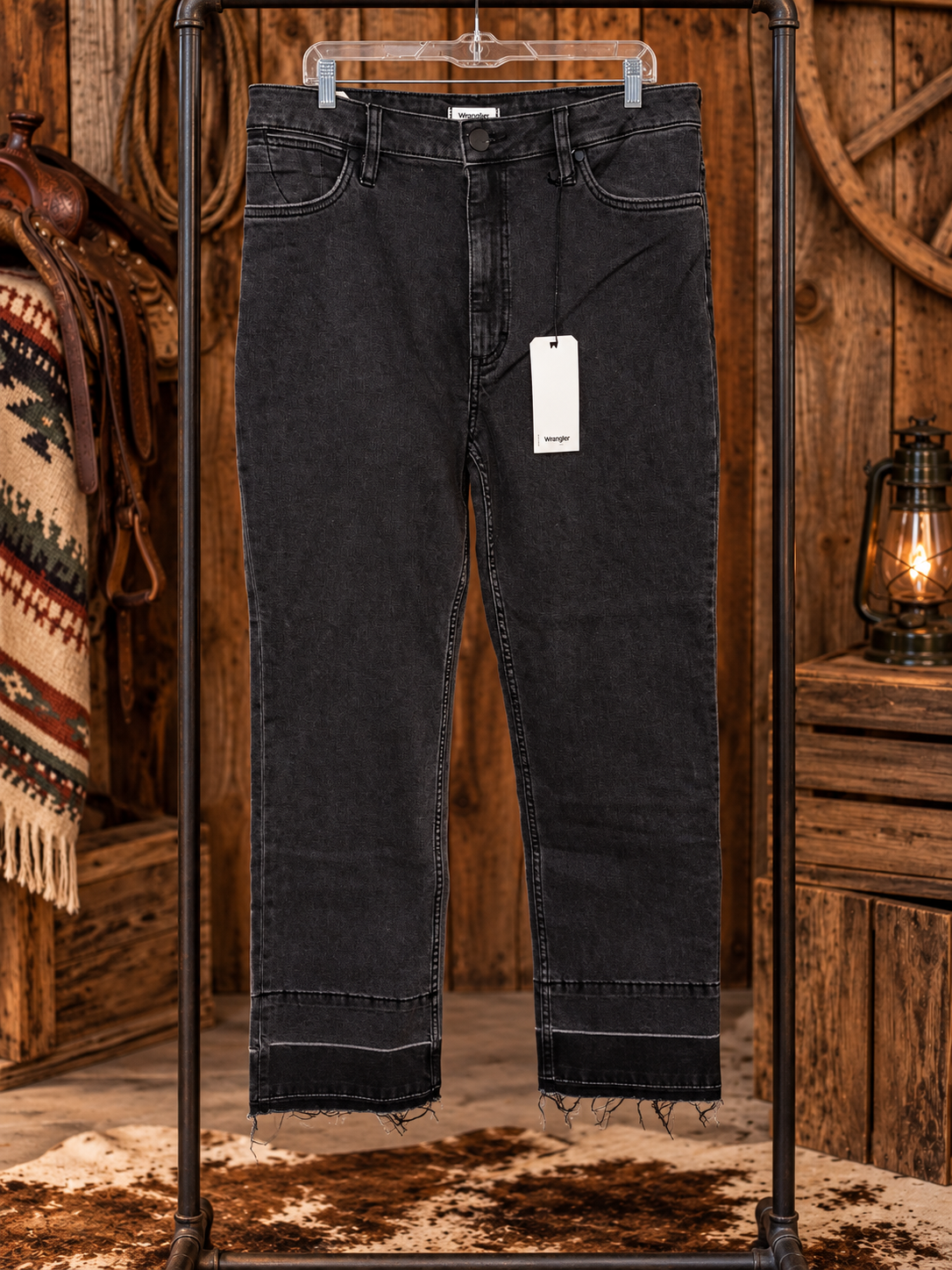 Wrangler High Rise Raw Hem Jeans – Washed Black