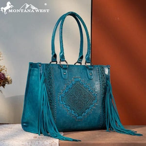 Teal Floral Tooled Leather Fringe Conceal Carry Tote Bag