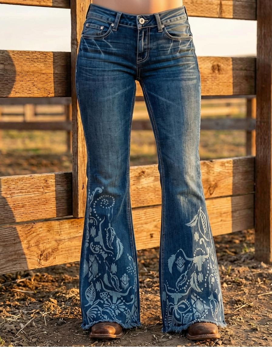 Grace in LA Western Artwork Flare Jeans