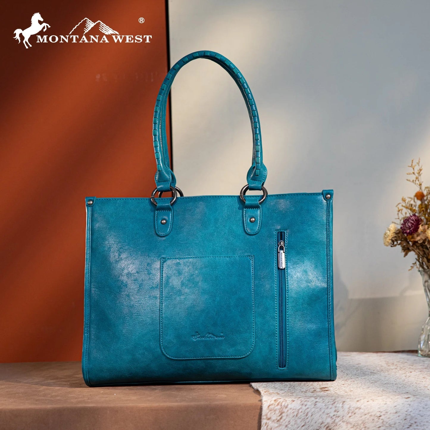 Teal Floral Tooled Leather Fringe Conceal Carry Tote Bag