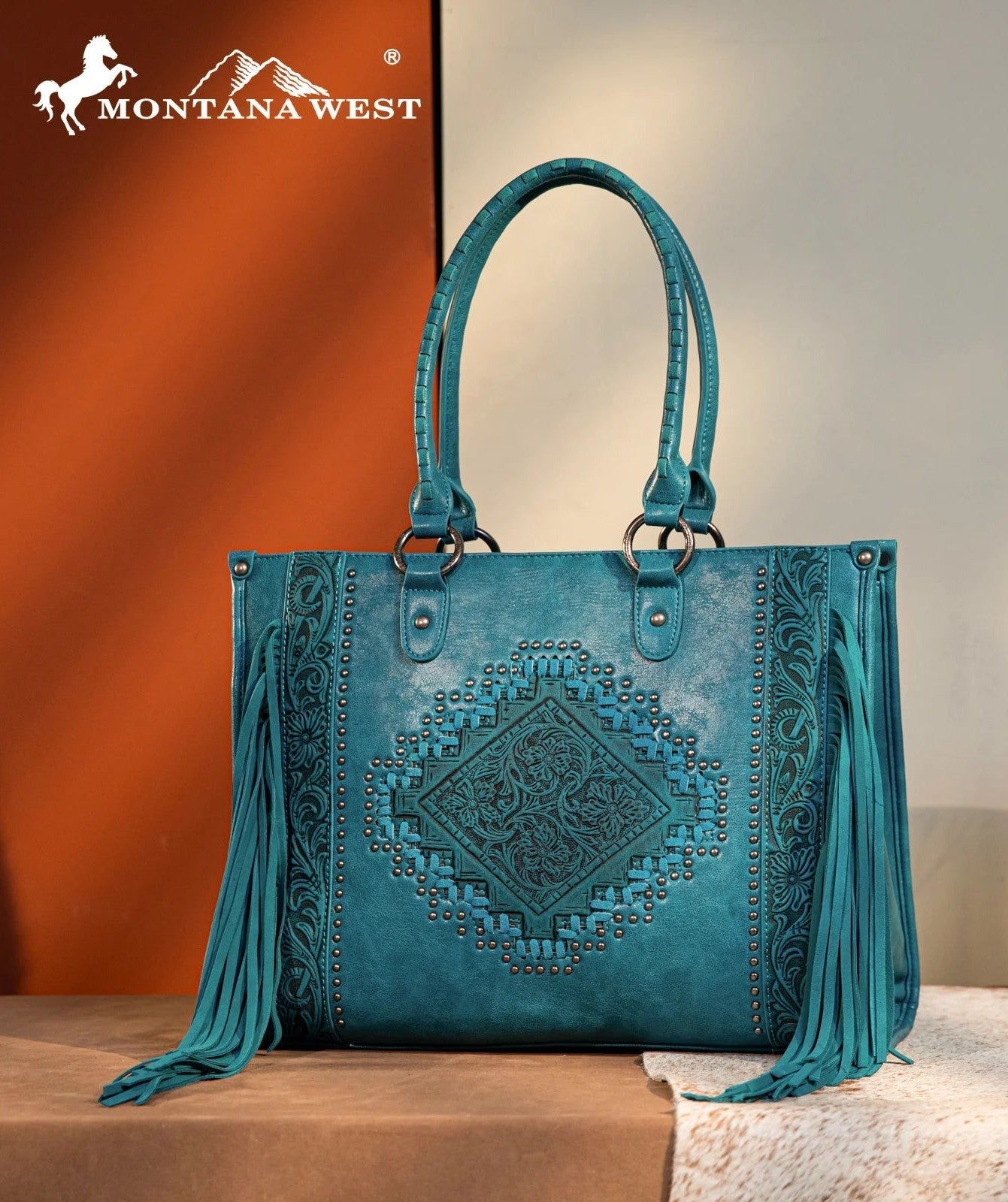 Teal Floral Tooled Leather Fringe Conceal Carry Tote Bag