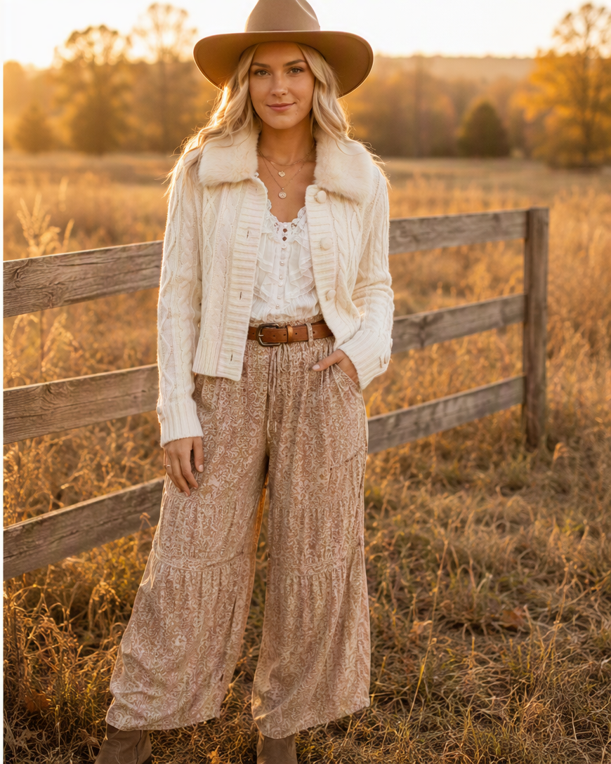 Prairie Darling Removable Fur Collar Cable Knit Cardigan