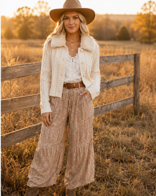 Prairie Darling Removable Fur Collar Cable Knit Cardigan