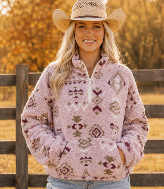 Dusty Rose Aztec Sherpa Quarter Zip