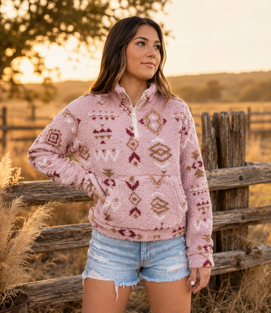 Dusty Rose Aztec Sherpa Quarter Zip