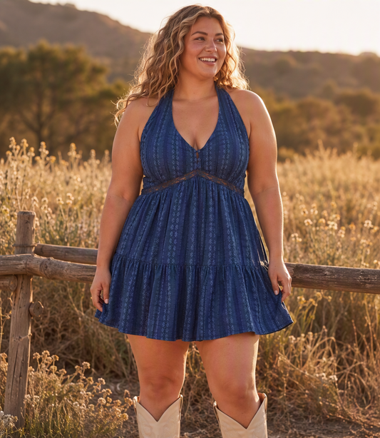Midnight Blue Jacquard Halter Mini Dress
