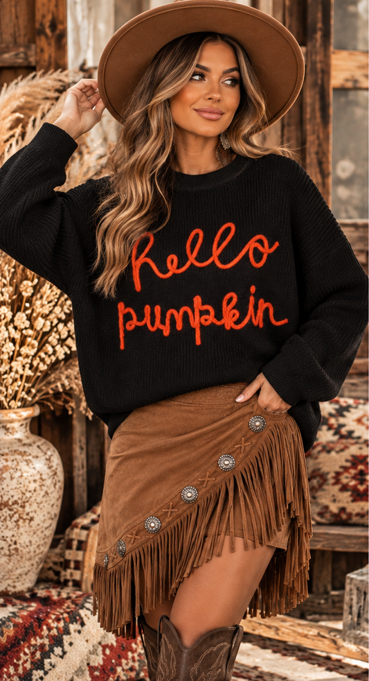 Hello Pumpkin Cozy Knit Sweater – Black
