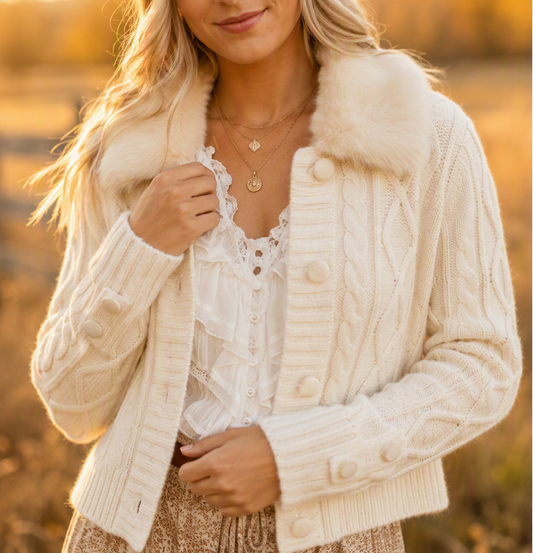 Prairie Darling Removable Fur Collar Cable Knit Cardigan