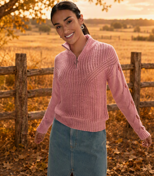 Blushin’ Out West Open Sleeve Quarter-Zip Sweater
