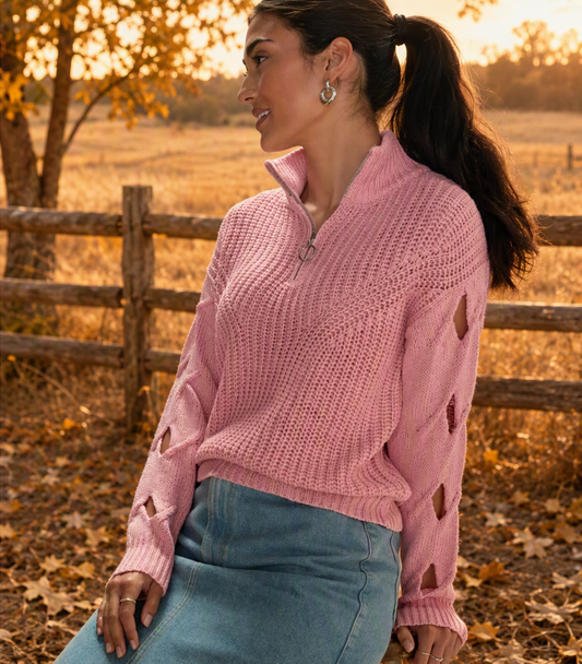 Blushin’ Out West Open Sleeve Quarter-Zip Sweater