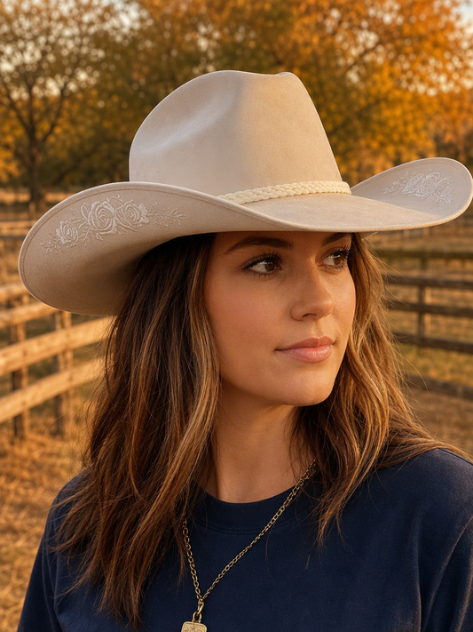 Ivory Rose Embroidered Western Hat