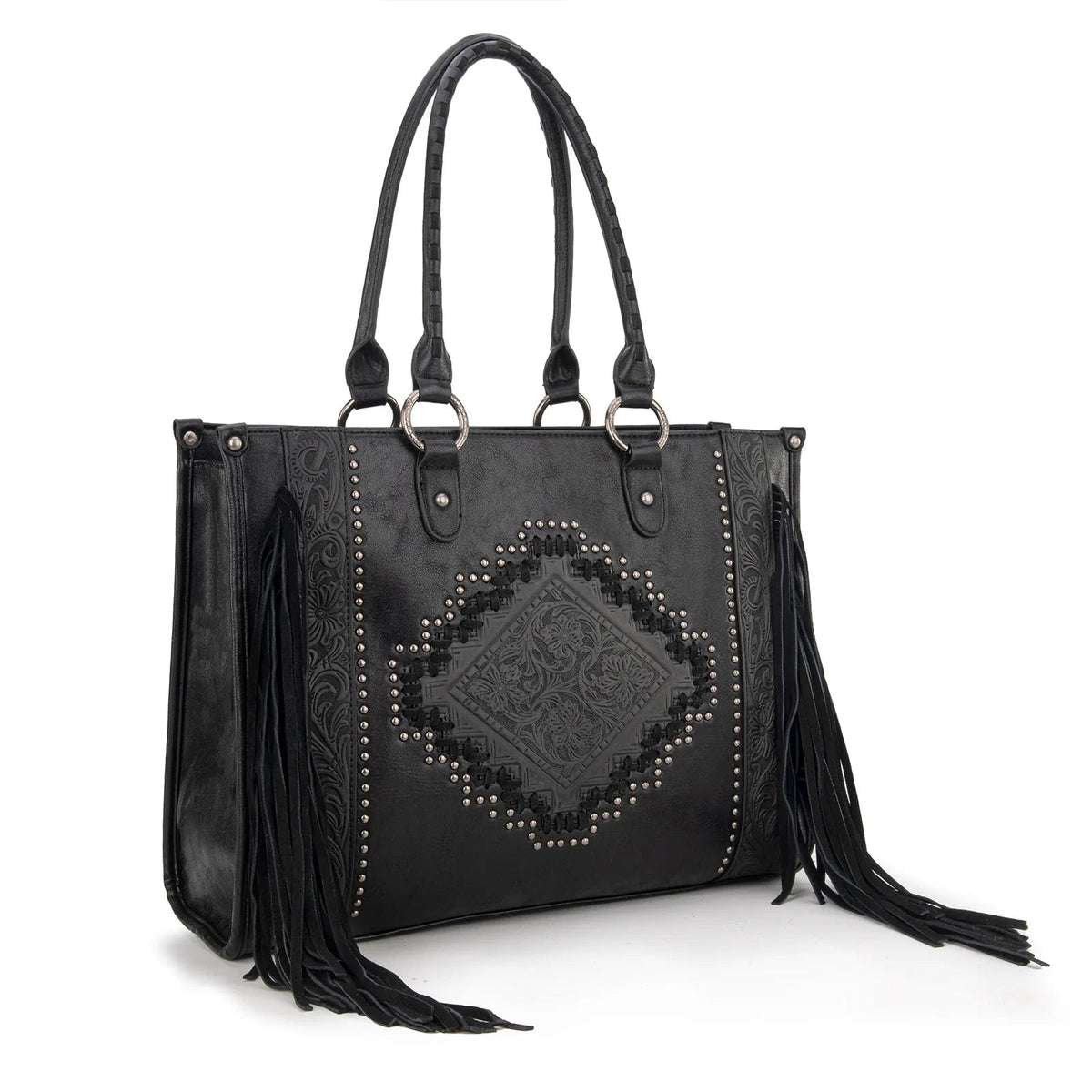 Montana West Black Floral Tooled Leather Fringe Conceal Carry Tote Bag