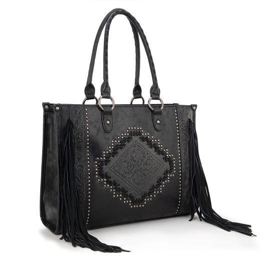 Montana West Black Floral Tooled Leather Fringe Conceal Carry Tote Bag