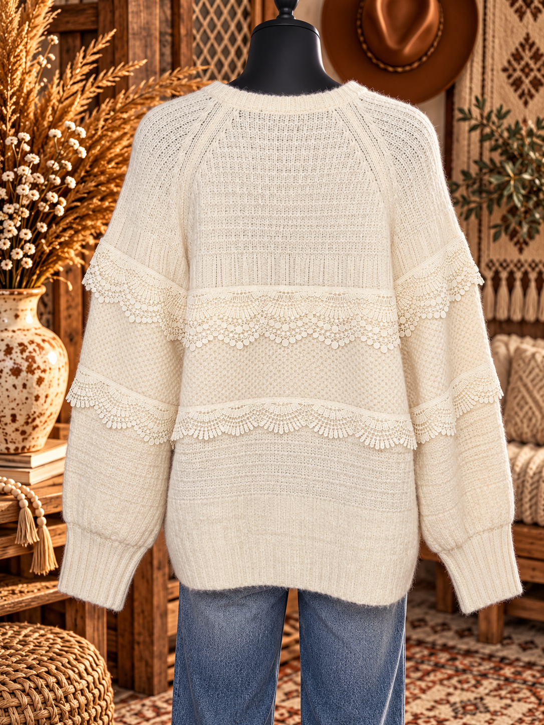 Free Spirit Lace Trim Sweater – Ivory