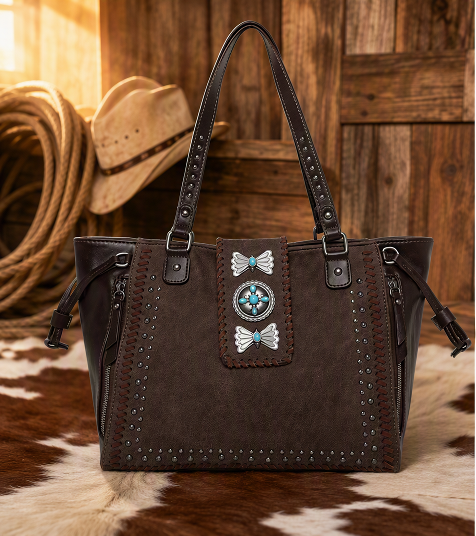 Wrangler / Montana West Mariposa Turquoise Butterfly Concho Leather Tote