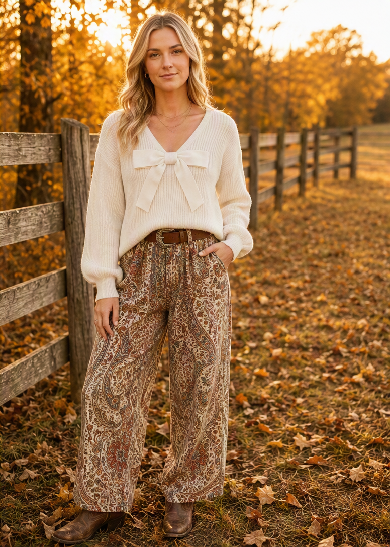 Sweetheart Bow Ivory V-Neck Sweater