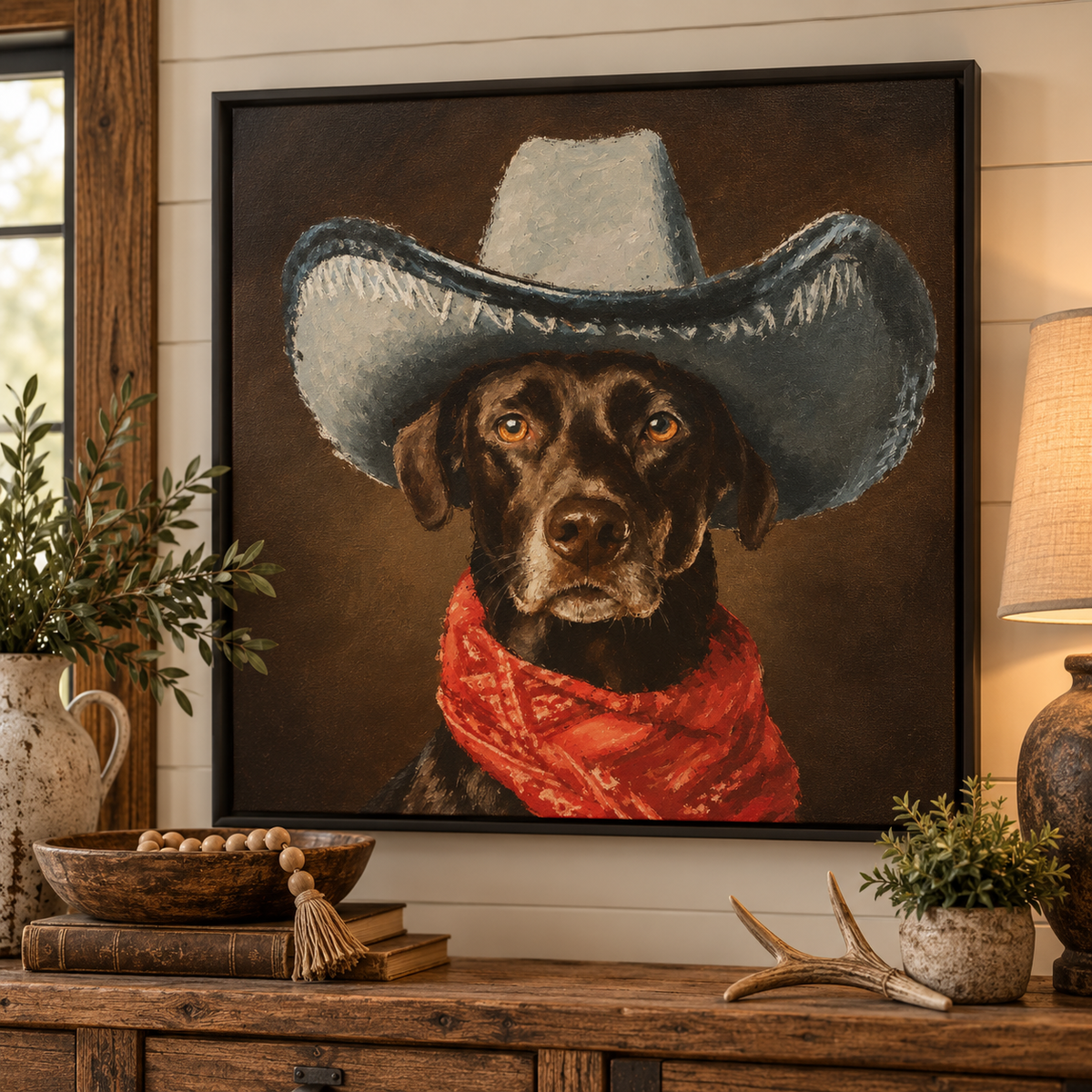 Cowboy Dog Framed Canvas