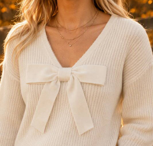 Sweetheart Bow Ivory V-Neck Sweater