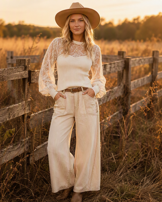 Prairie Romance Ivory Lace Sleeve Sweater