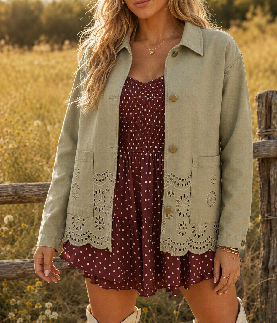 Prairie Eyelet Barn Jacket - Khaki Green