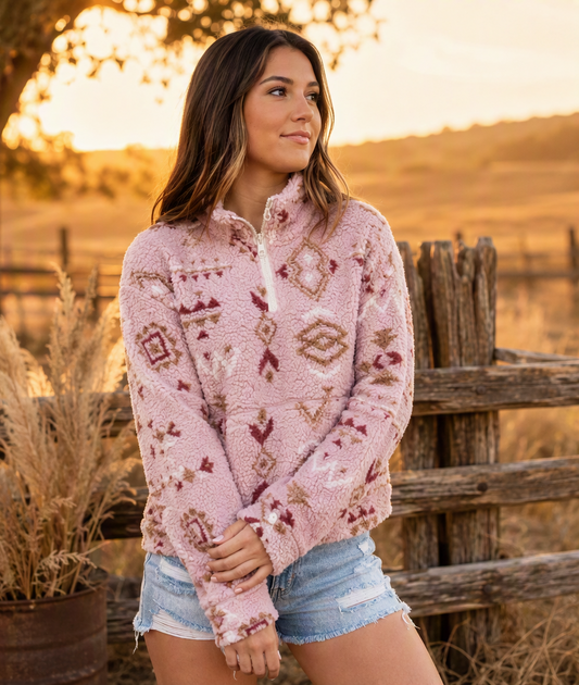 Dusty Rose Aztec Sherpa Quarter Zip