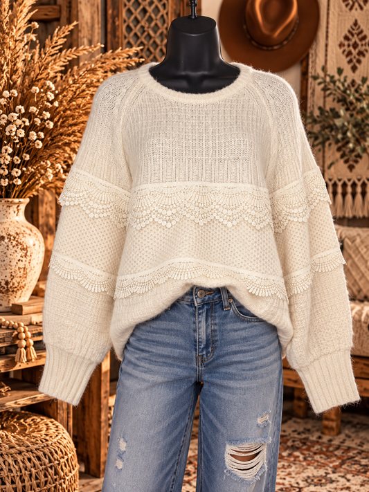 Free Spirit Lace Trim Sweater – Ivory