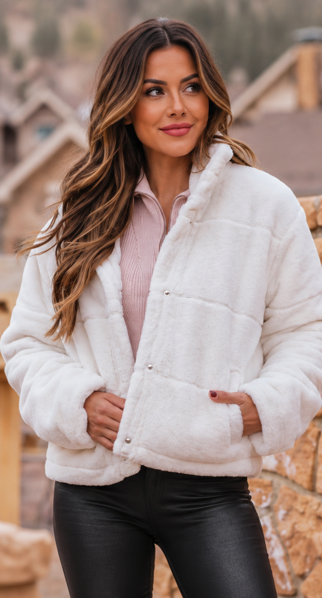 Snowed In Faux Fur Snap Jacket – White